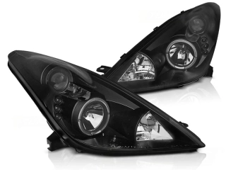 Přední světla, světlomety, lampy Toyota Celica T230, 1999-2005, angel eyes, černé