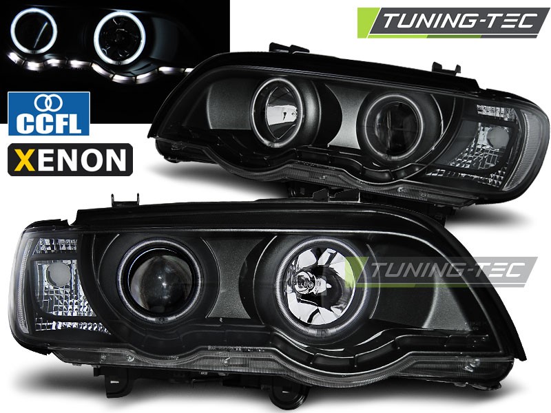 PŘEDNÍ SVĚTLOMETY LAMPY BMW X5, XENON 1999-2003, ANGEL EYES, LED, ČERNÉ BLACK 