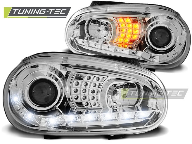 Přední světla Volkswagen Golf 4, 1998-2003, LED Daylight, chrom 2+ LED blinkr