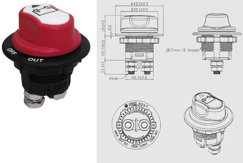 Odpojovač baterie 50A, 50V, odnímatelná klička