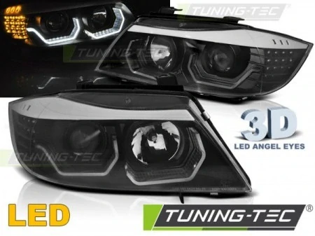 Přední světla 3D LED angel eyes, LED blinkr BMW E90/E91 05-08 černá