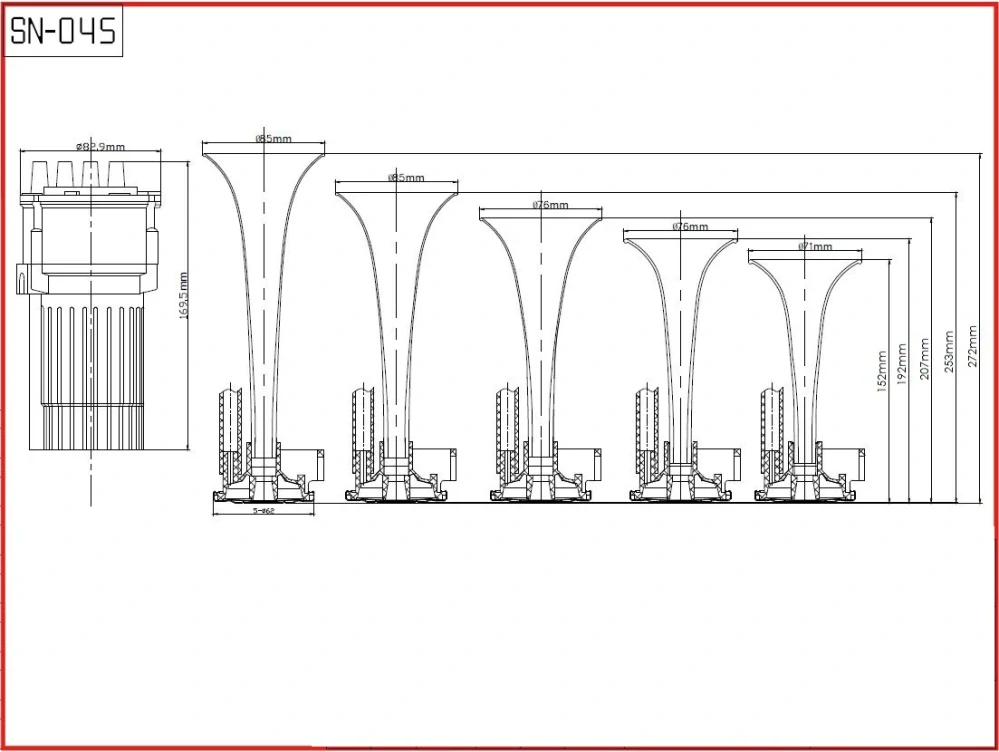 5-tónová fanfára, 12V červená s kompresorem, melodie River Kwai