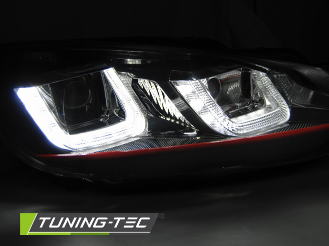 PŘEDNÍ SVĚTLA U-LED DENNÍMI SVĚTLY VW GOLF 6 08-12 ČERNÉ - ČERVENÉ