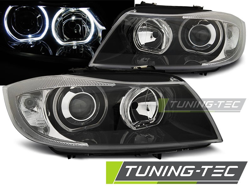 Přední světla BMW E90, E91 03.05-11 Angel Eyes - černé H7+H7