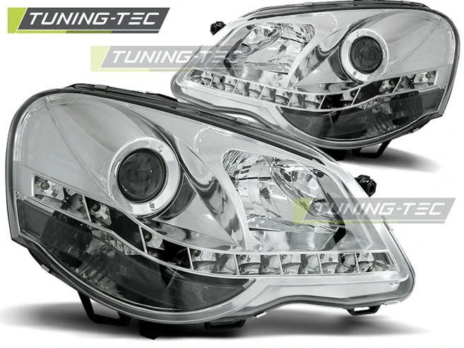 Přední světla Volkswagen Polo 9N3, 2005-2009, LED Daylight, chrom