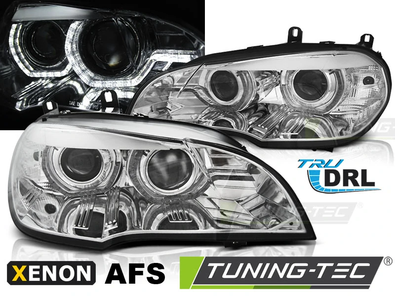 Přední světla BMW X5 E70, 2007-2010, angel eyes, DRL, chromová