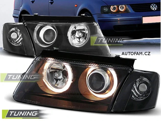 Přední světlomety, světla, lampy Volkswagen Passat B5 3B, 1996-2000, Angel Eyes, černé black LPVW26