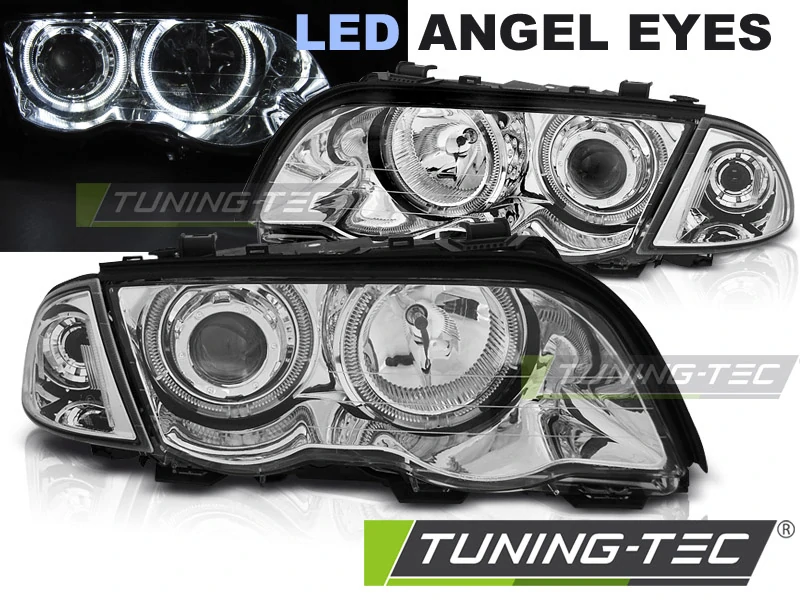 Přední světla BMW E46 1998-2001, sedan, touring, Angel Eyes LED, chromové