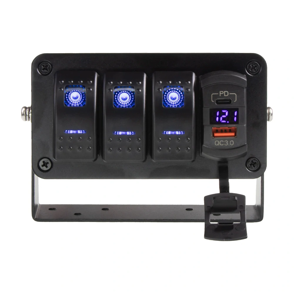 Panel s 3x spínači Rocker, voltmetr + USB/USB-C zásuvka, 12/24V