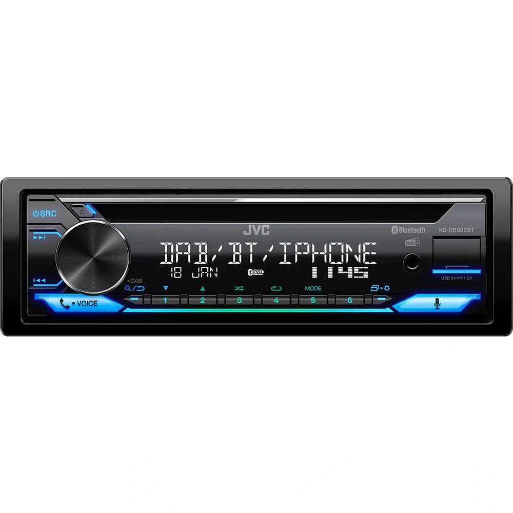 JVC DAB+ / FM autorádio s CD/Bluetooth/USB/AUX/odním.panel/multicolor