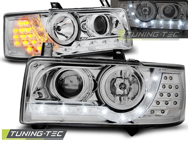 Přední světla Volkswagen T4, 1990-2003, LED Daylight, chrom + LED blinkr