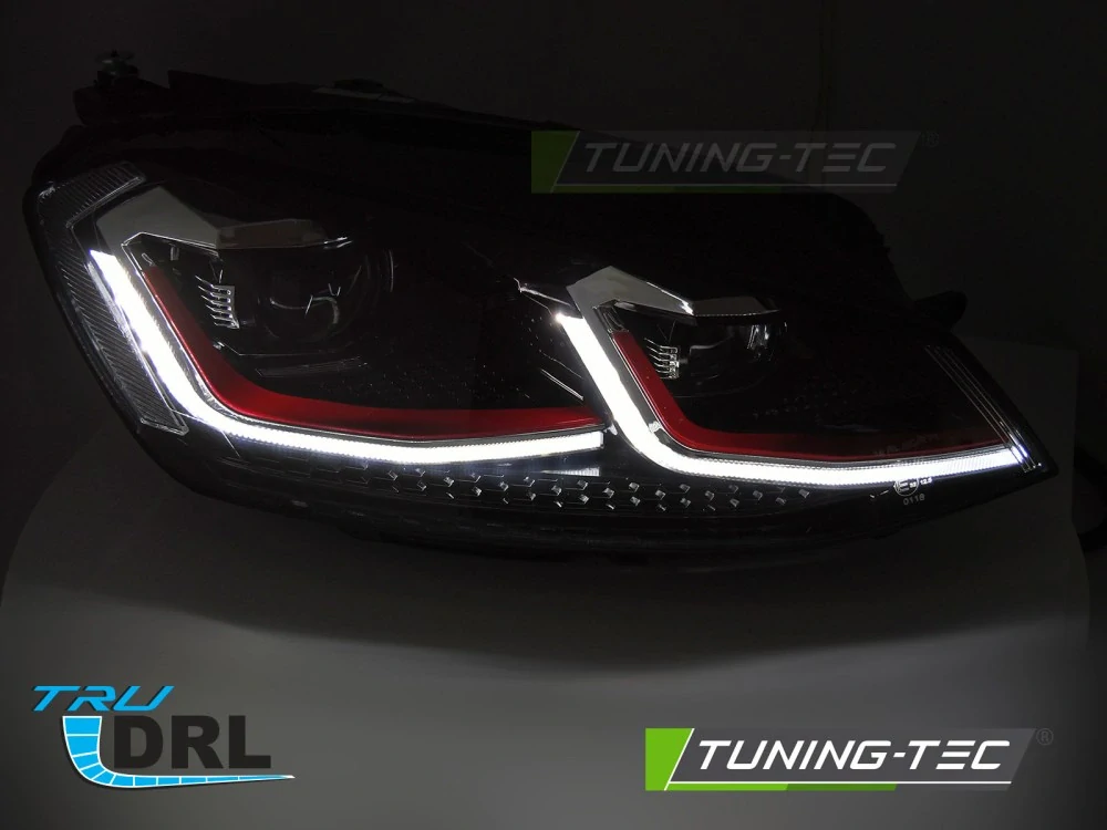 Přední LED světlomety pro VW Golf VII (2013–2017) s červenou lištou, sekvenčním blinkrem a DRL – Pár
