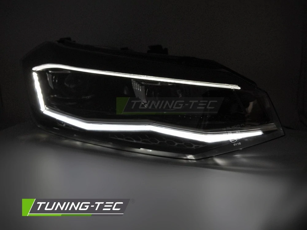 Přední LED světlomety pro VW Polo 2G / AW1 (2017–2021) se stříbrnou lištou, sekvenčním blinkrem a DRL – Pár
