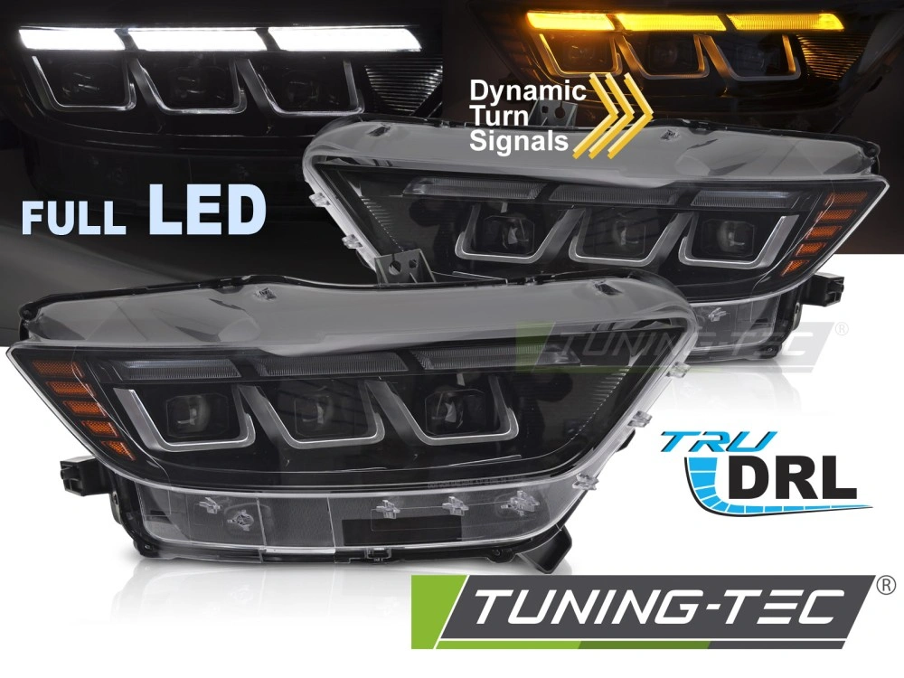 Přední FULL LED světlomety Ford Mustang (2014–2017) – Černé s dynamickým blinkrem (Sequential DRL)
