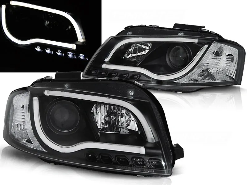 PŘEDNÍ SVĚTLOMETY AUDI A3 8P, 2003-2008, TUBE NEON LED LIGHT, ČERNÉ 