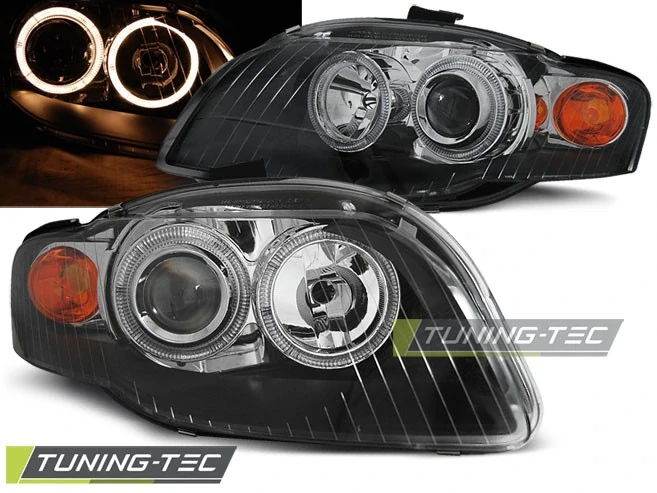 Přední světlomety Audi A4 B7, 2004-2008, Angel Eyes, černé black s motorky