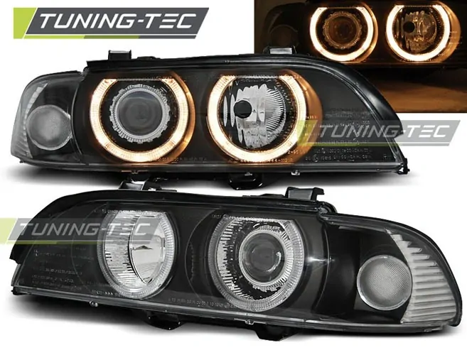 Přední světlomety BMW E39, 1995-2003, Angel Eyes, černé black, elektrické s motorky