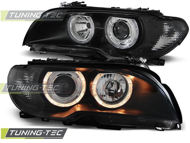 PŘEDNÍ SVĚTLOMETY BMW E46 COUPE CABRIO, 2003-2006, ANGEL EYES, ČERNÉ BLACK, S MOTORKY