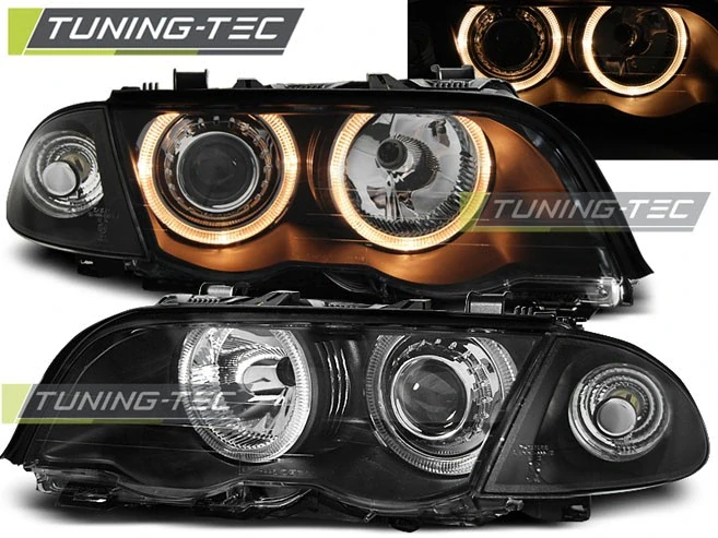 Přední světla BMW E46 Sedan Touring, 1998-2001, Angel Eyes, dělené, černé black, s motorky LPBM41