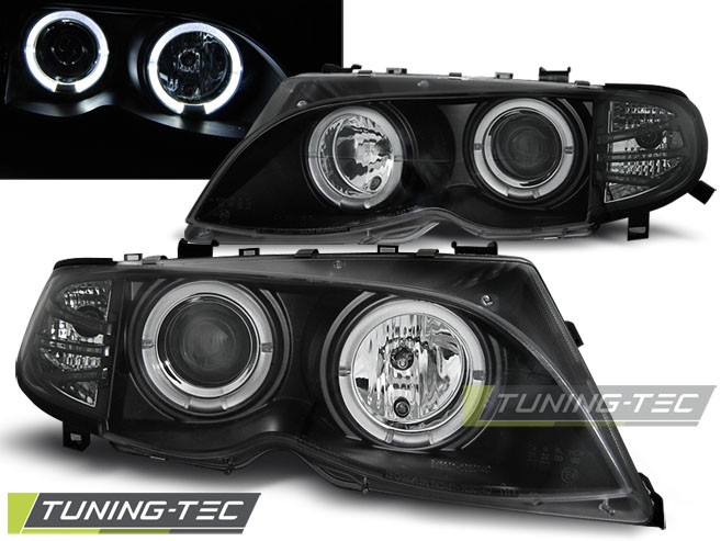PŘEDNÍ SVĚTLOMETY BMW E46 SEDAN TOURING, 2001-2005, ANGEL EYES, ČERNÉ BLACK