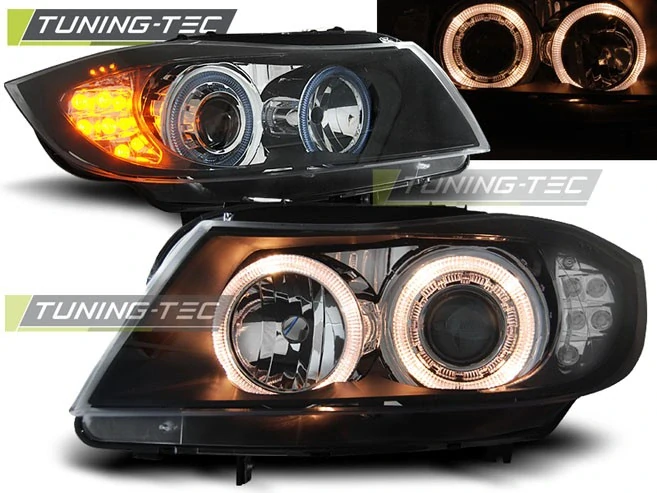 PŘEDNÍ SVĚTLOMETY BMW E90, E91, 2005-2008, ANGEL EYES, ČERNÉ BLACK, S LED BLINKREM, S MOTORKY