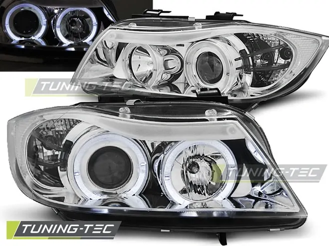 Přední světla BMW E90, E91 03.05-08.08, Angel Eyes - chrom H7+H1
