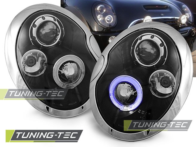 PŘEDNÍ SVĚTLOMETY, SVĚTLA, LAMPY MINI COOPER, 2001-2004, ANGEL EYES, ČERNÉ BLACK