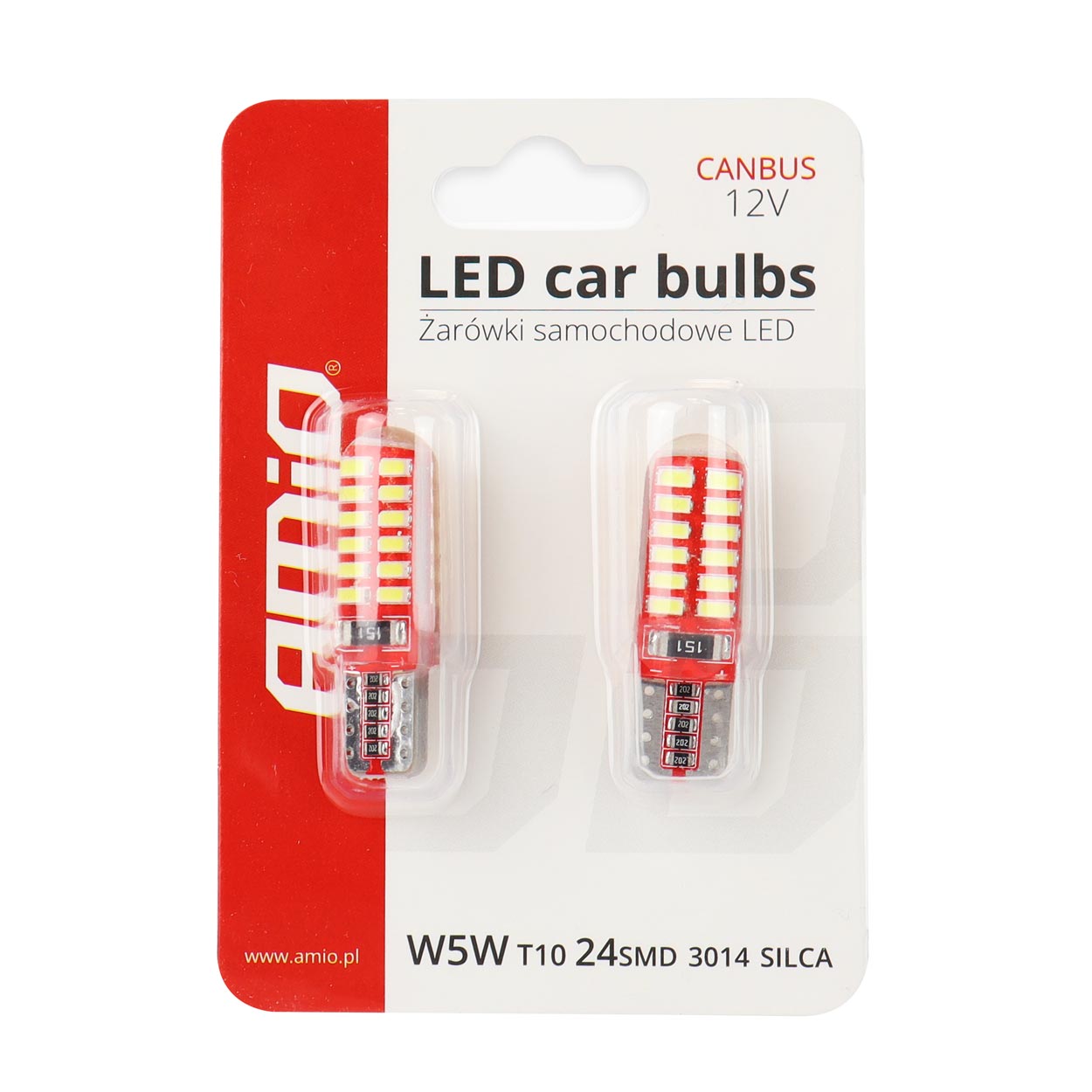 LED žárovky W5W T10 AMIO CAN-BUS 24 SMD LED, bílé 6000K, 2 ks