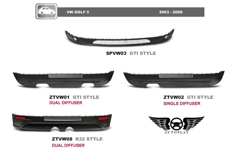 VW Golf 5, 2003-2009, spoiler pod přední nárazník GTI style