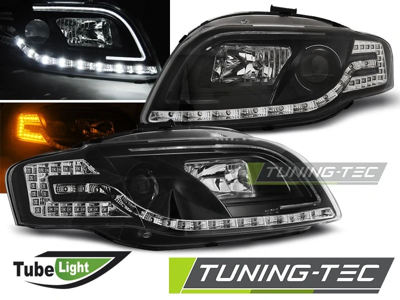 PŘEDNÍ SVĚTLOMETY AUDI A4 B7 04-08 TUBE LIGHT, ČERNÉ, LED BLINKR