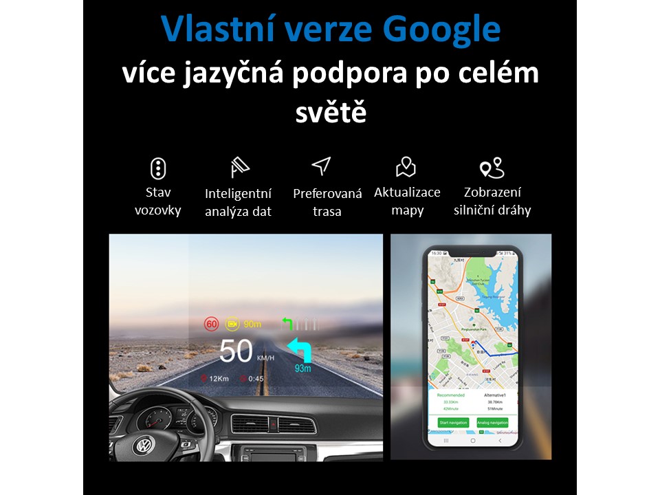 HEAD UP DISPLEJ 4" / TFT LCD, OBDII + GPS + navigační, reflexní deska