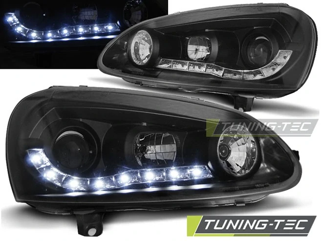 PŘEDNÍ SVĚTLOMETY, SVĚTLA, LAMPY VOLKSWAGEN GOLF 5, 2003-2009, LED DAYLIGHT, ČERNÉ BLACK
