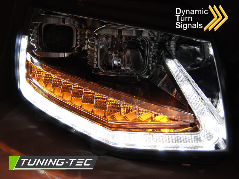 PŘEDNÍ SVĚTLOMETY, SVĚTLA, LAMPY VW T6 2015-2019, TUBE LIGHT, DRL, SEQ, CHROMOVÉ