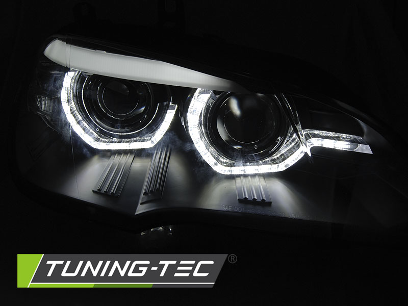 PŘEDNÍ LED SVĚTLA, SVĚTLOMETY, LAMPY BMW X5 E70 2007-2013, LED ANGEL EYES, DRL, XENON OEM, ČERNÁ