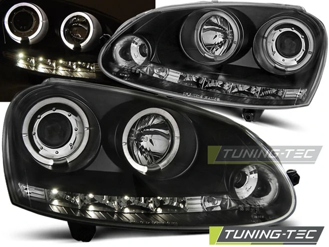Přední světlomety, světla, lampy Volkswagen Golf 5, 2003-2009, Angel Eyes + LED, černé black LPVWB8