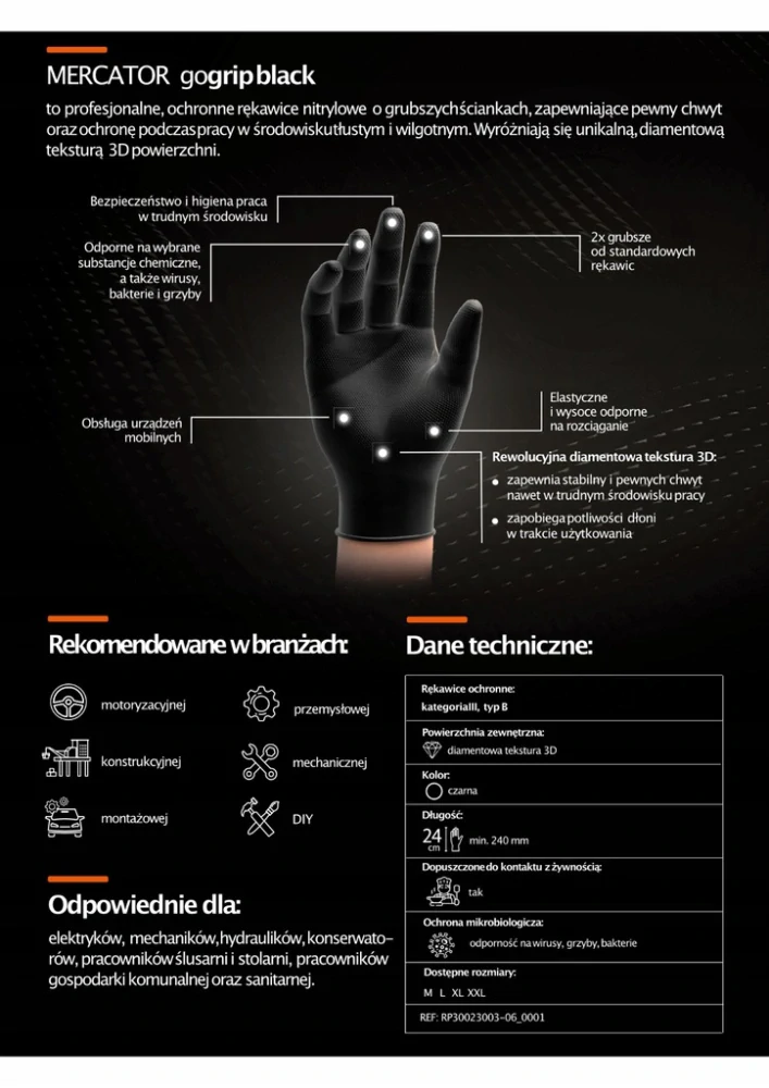 Nitrilové rukavice MERCATOR, velikost XL, černé, gogrip, 50 ks