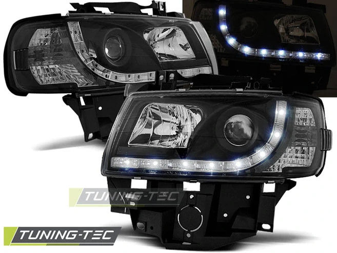 Přední světla Volkswagen T4, 1996-2003, LED Daylight, černé black (BUS)