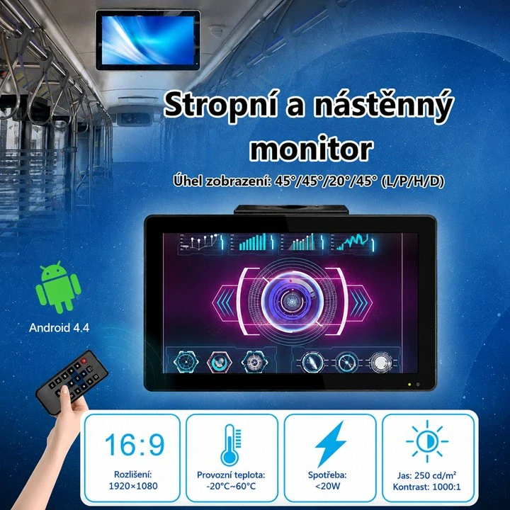 Stropní LCD monitor 21,5" s fixním držákem, 2x RCA Video + 1x HDMI, černý