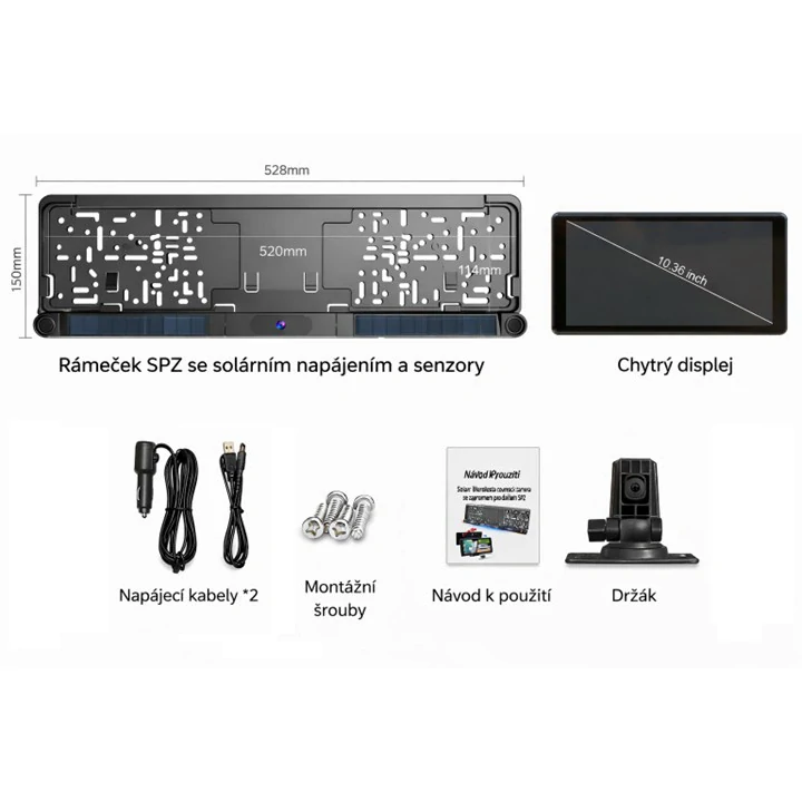 SET bezdrátový digitální kamerový systém + 2 senzory v SPZ se solárním napájením a monitorem 10,36"