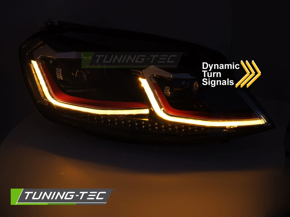 Přední LED světlomety pro VW Golf VII (2013–2017) s červenou lištou, sekvenčním blinkrem a DRL – Pár