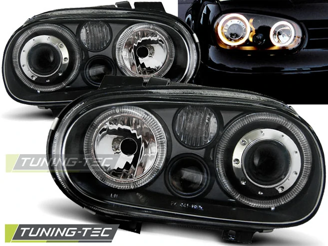 Přední Angel Eyes světla Volkswagen Golf 4 (1998–2003), černé čočky – pár