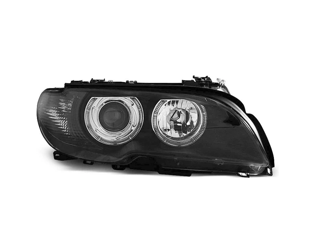 PŘEDNÍ SVĚTLOMETY BMW E46 COUPE CABRIO, 2003-2006, ANGEL EYES, ČERNÉ BLACK, S MOTORKY