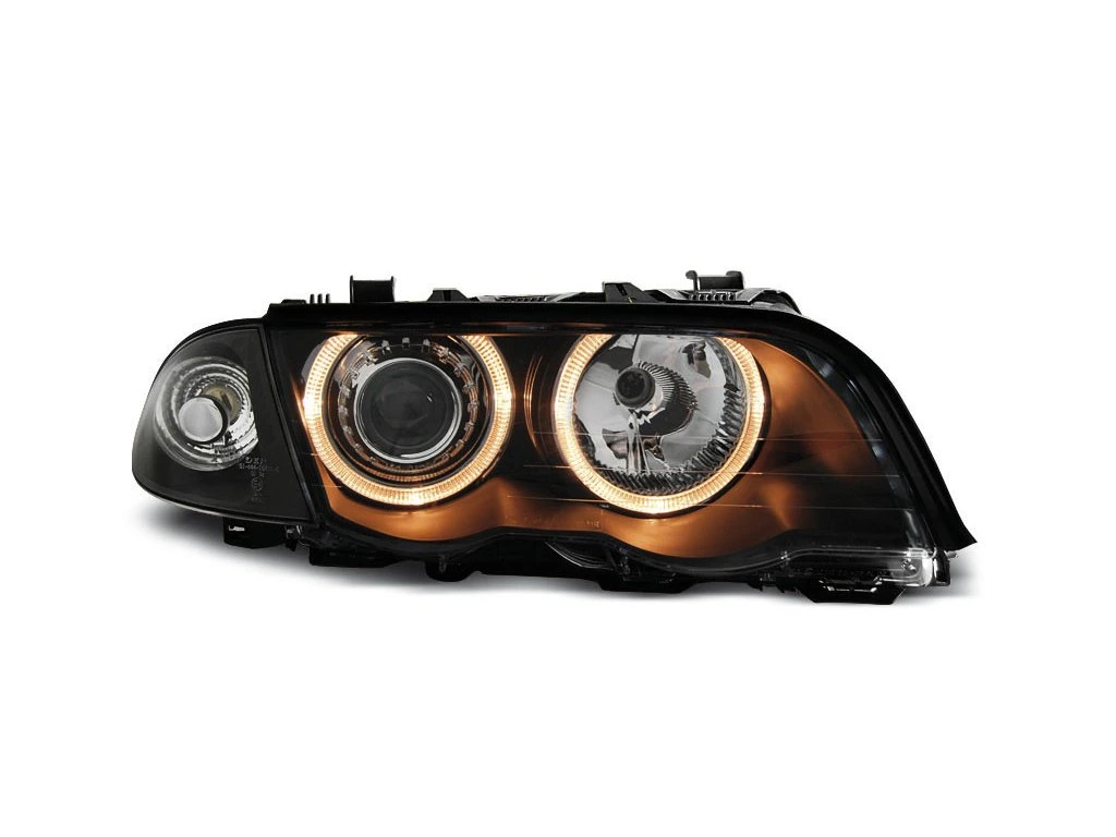 Přední světla BMW E46 Sedan Touring, 1998-2001, Angel Eyes, dělené, černé black, s motorky LPBM41