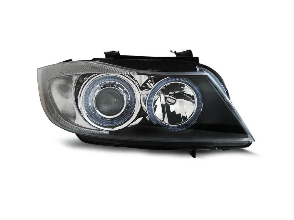 Přední světla BMW E90, E91 2005-2008 s Angel Eyes - černé H7