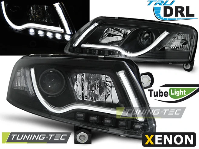 Přední LED světla Audi A6 C6 (2004–2007) – Černá s denním svícením DRL (pro Xenon)