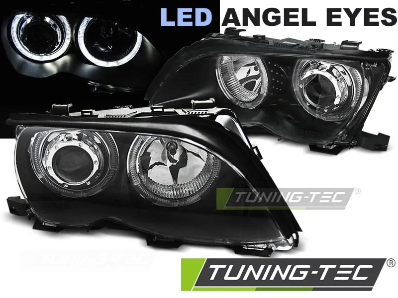 PŘEDNÍ SVĚTLA, SVĚTLOMETY BMW E46 2001-2005, SEDAN, TOURING, ANGEL EYES LED, ČERNÉ