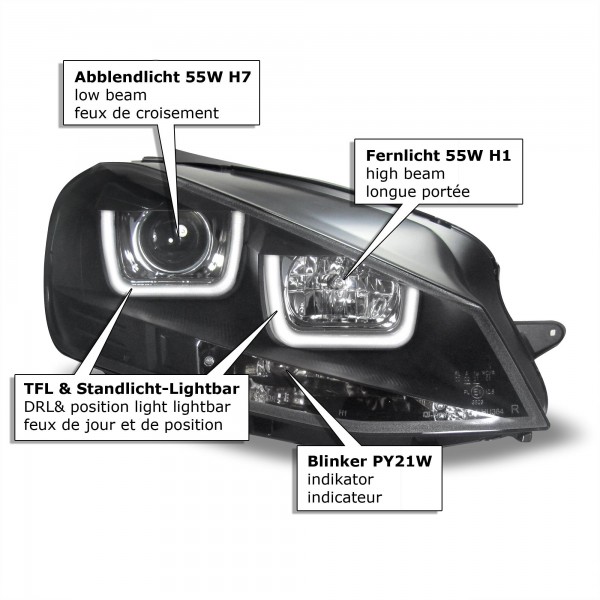 PŘEDNÍ SVĚTLOMETY, SVĚTLA, LAMPY, LAMPY VW VOLKSWAGEN GOLF 7, 2012-, U-TYPE LED, ČERNÉ BLACK
