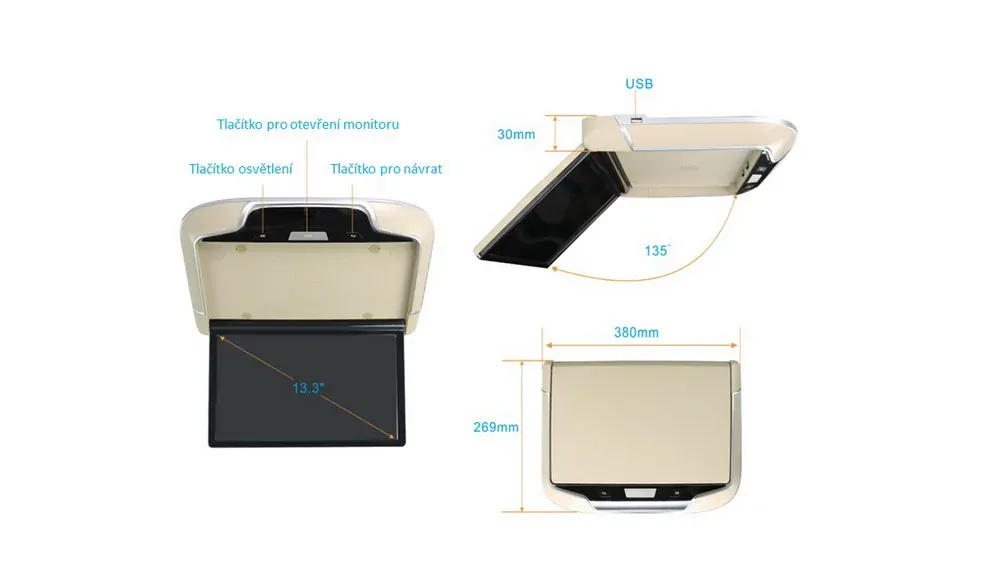 Stropní LCD monitor 13,3" černý s OS. Android HDMI / USB, dálkové ovládání se snímačem pohybu