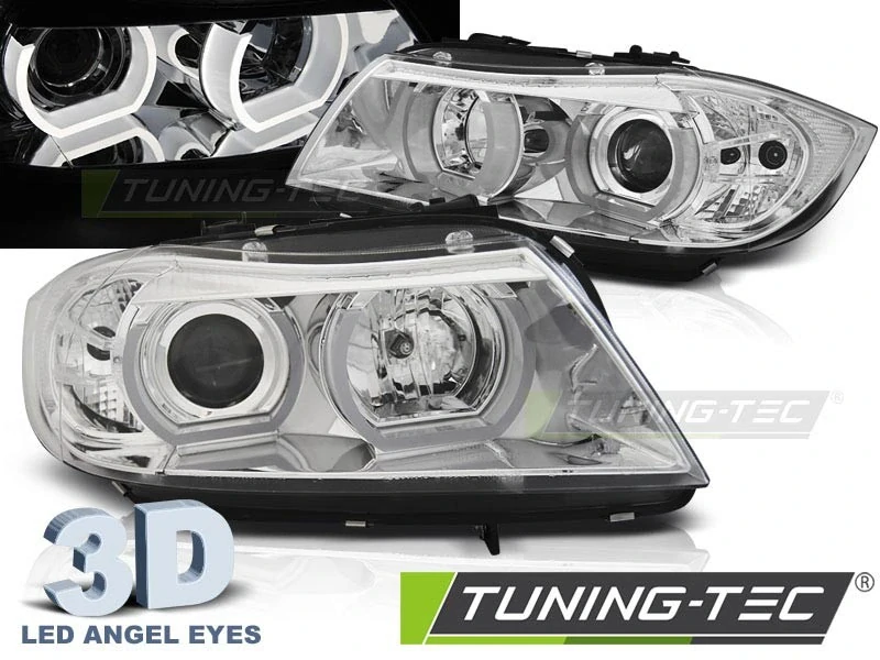 PŘEDNÍ SVĚTLA 3D LED ANGEL EYES BMW E90,E91 2005-2008 CHROMOVÁ