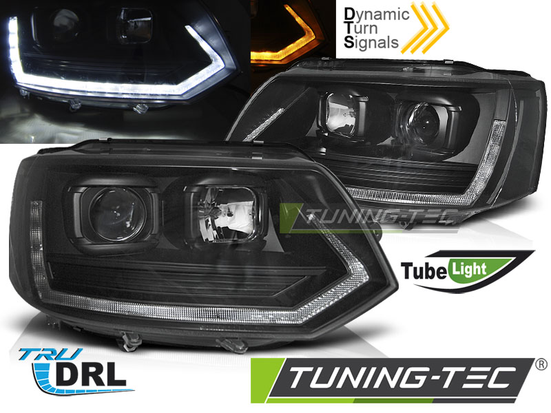 PŘEDNÍ SVĚTLA, SVĚTLOMETY, LAMPY VW T5 2010-2015, TUBE LIGHT, T6 LOOK, ČERNÉ